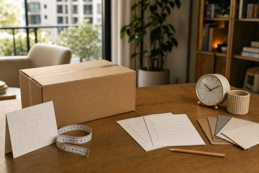 Plain parcel, checklist cards, fabric swatches, clock and measuring tape for comparing AU warehouse and made-to-order sex doll options
