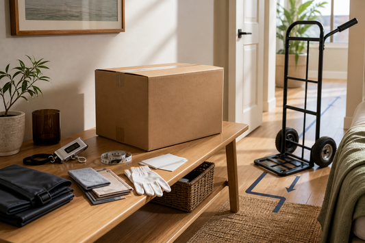 Plain parcel, luggage scale, measuring tape, storage bag and hand trolley for planning safer sex doll lifting