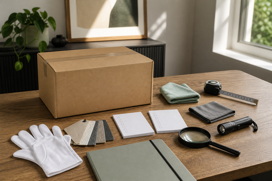 Plain parcel, checklist cards, material swatches, gloves, flashlight and magnifying glass for checking sex doll build quality