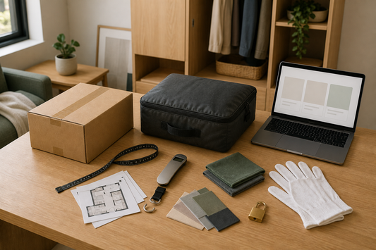 Plain parcel, storage bag, measuring tape, floor plan cards and cloths for choosing compact sex doll options for a small apartment