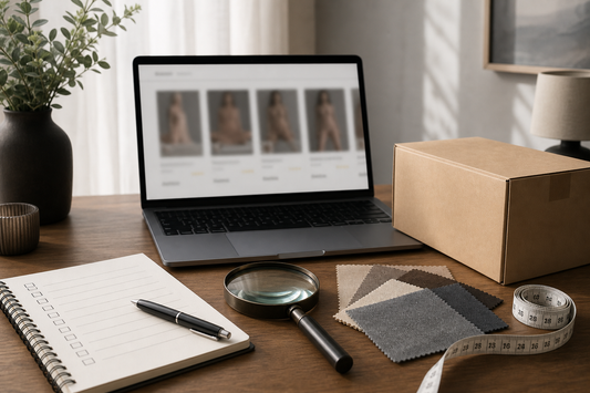 Laptop with blank product cards, magnifying glass, checklist cards, parcel and measuring tape for comparing sex doll listings