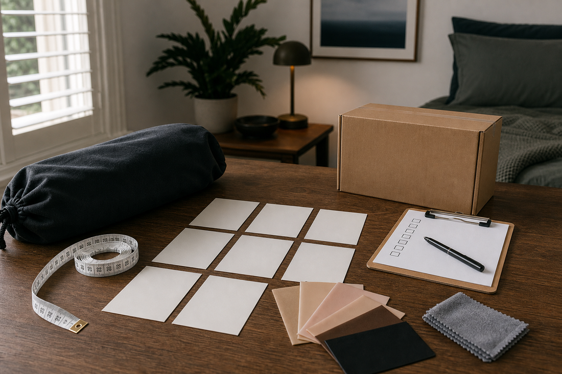 Blank feature cards, measuring tape, material swatches, storage bag and discreet parcel for choosing a first sex doll