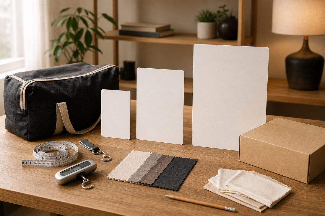 Storage bag, measuring tape, parcel and blank comparison cards for choosing between torso, mini and full-size sex dolls