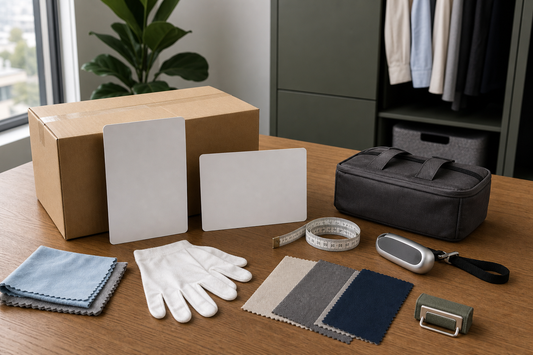 Plain parcel, storage bag, measuring tape, luggage scale, gloves and blank comparison cards for comparing lower-body and torso doll formats