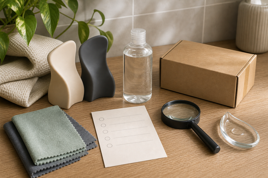 Material swatches, lubricant bottle, checklist, parcel and magnifying glass for checking TPE and silicone lubricant compatibility