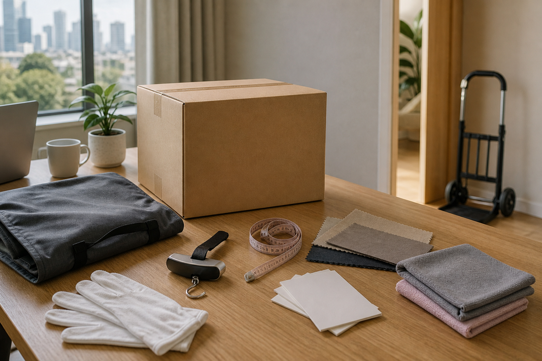 Plain parcel, luggage scale, measuring tape, storage bag, gloves and hand trolley for assessing manageable sex doll weight