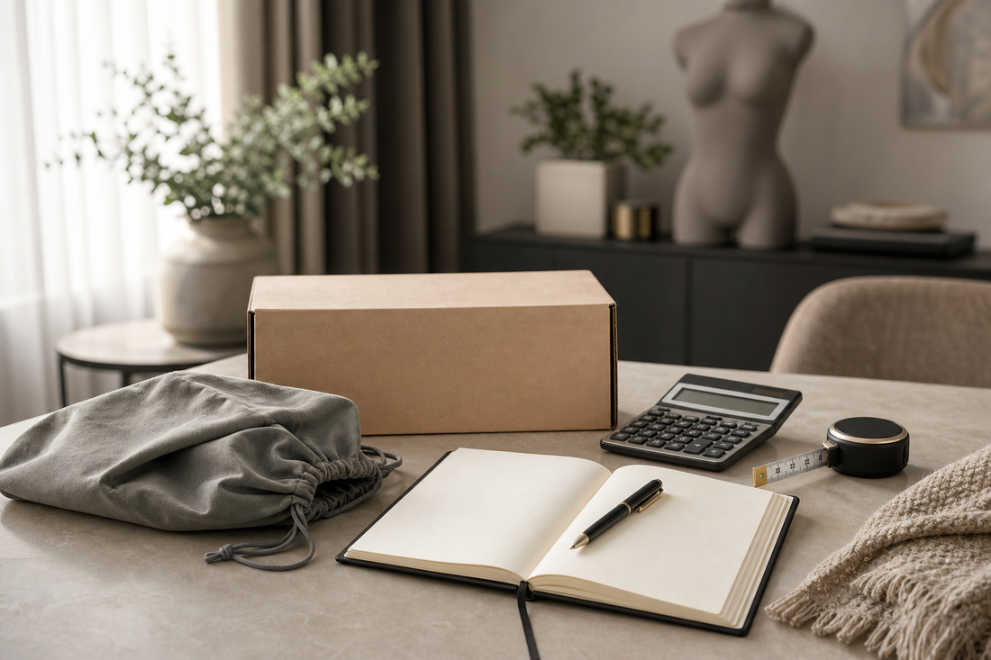 Discreet parcel, calculator, notebook and measuring tape for planning a sex doll budget in Australia