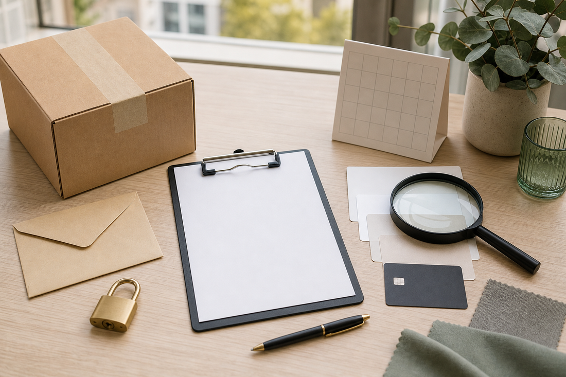 Blank checklist, parcel, magnifying glass, payment card and padlock for checking questions before ordering a sex doll online