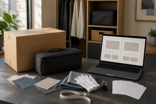 Plain parcel, storage bag, laptop, care cloths and checklist cards for comparing a sex doll torso with a male masturbator