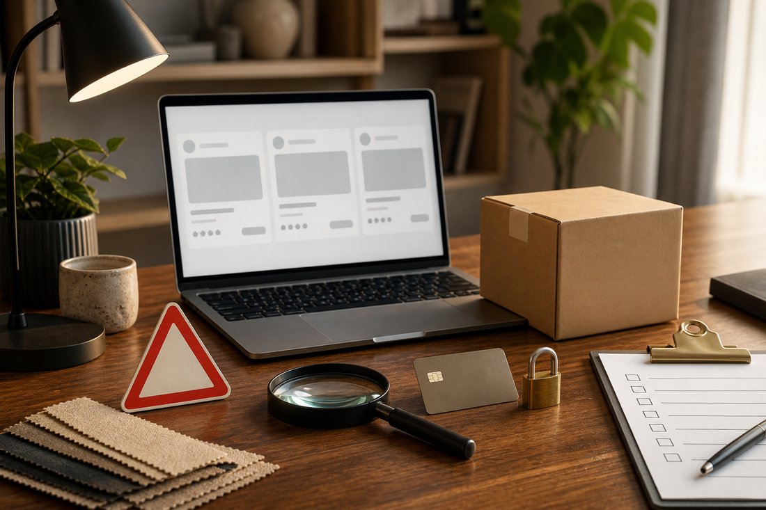 Laptop, warning card, magnifying glass, parcel, payment card and checklist for spotting sex doll website red flags