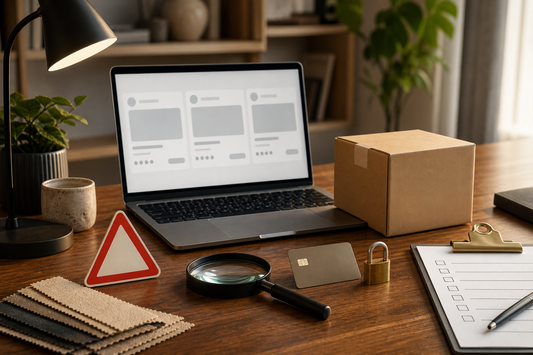Laptop, warning card, magnifying glass, parcel, payment card and checklist for spotting sex doll website red flags
