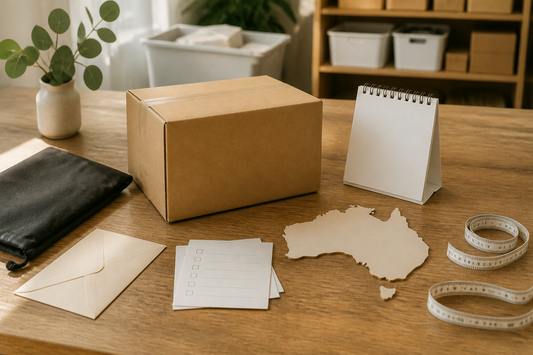 Plain parcel, blank checklist, Australia outline, calendar and measuring tape for explaining AU warehouse sex doll delivery